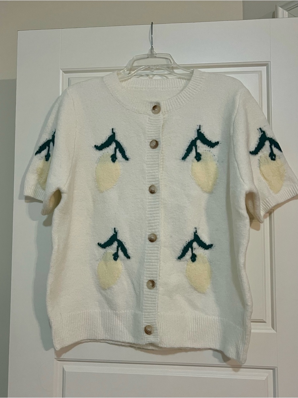 Cream Knit Cardigan with Yellow Lemon Motif